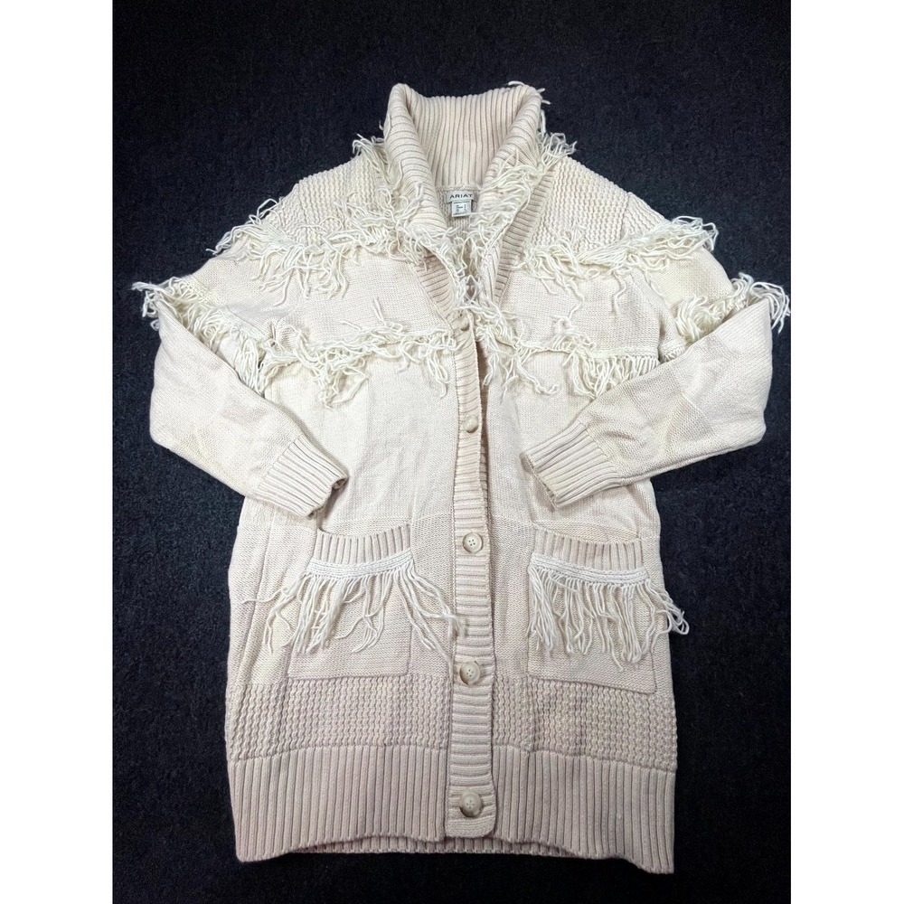 Ariat Cardigan Sweater Women's Small Ivory Fringe Shawl Collar Cozy Winter Wear